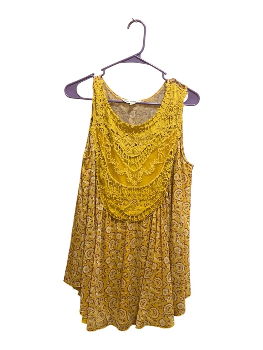 Crochet Yoke Paisley-Print Sleeveless Camisole in Mustard